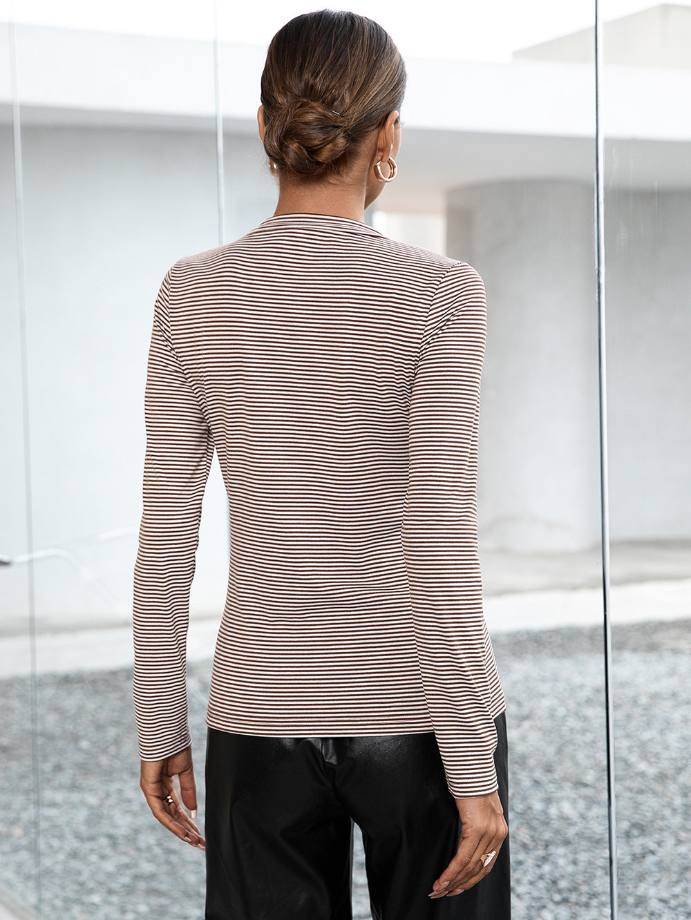 Striped Buttoned V-neck Long Sleeve Top (9)