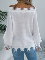 Distressed Hem Openwork Off-shoulder Sweater (14)