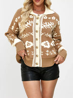 Floral Pattern Knit Cardigan Contrast Collar (2)