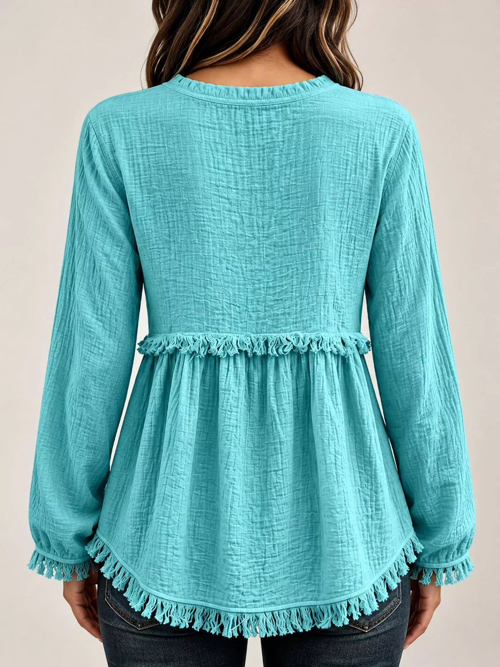 Full Size Frayed Hem Button Detail Blouse Plus (43)