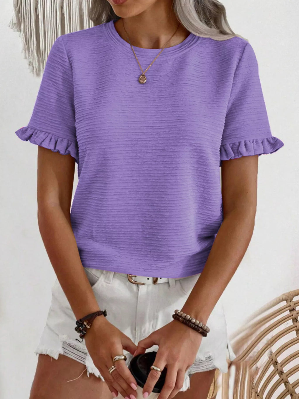 Textured Ruffle Sleeve Round Neck T-shirt (7)
