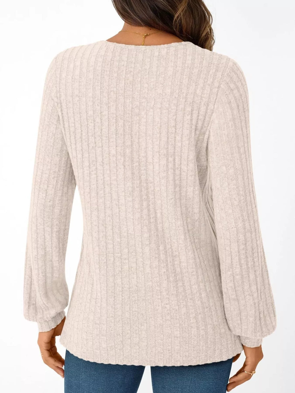 Ribbed Knit V-neck Long Sleeve T-shirt (10)