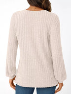 Ribbed Knit V-neck Long Sleeve T-shirt (10)