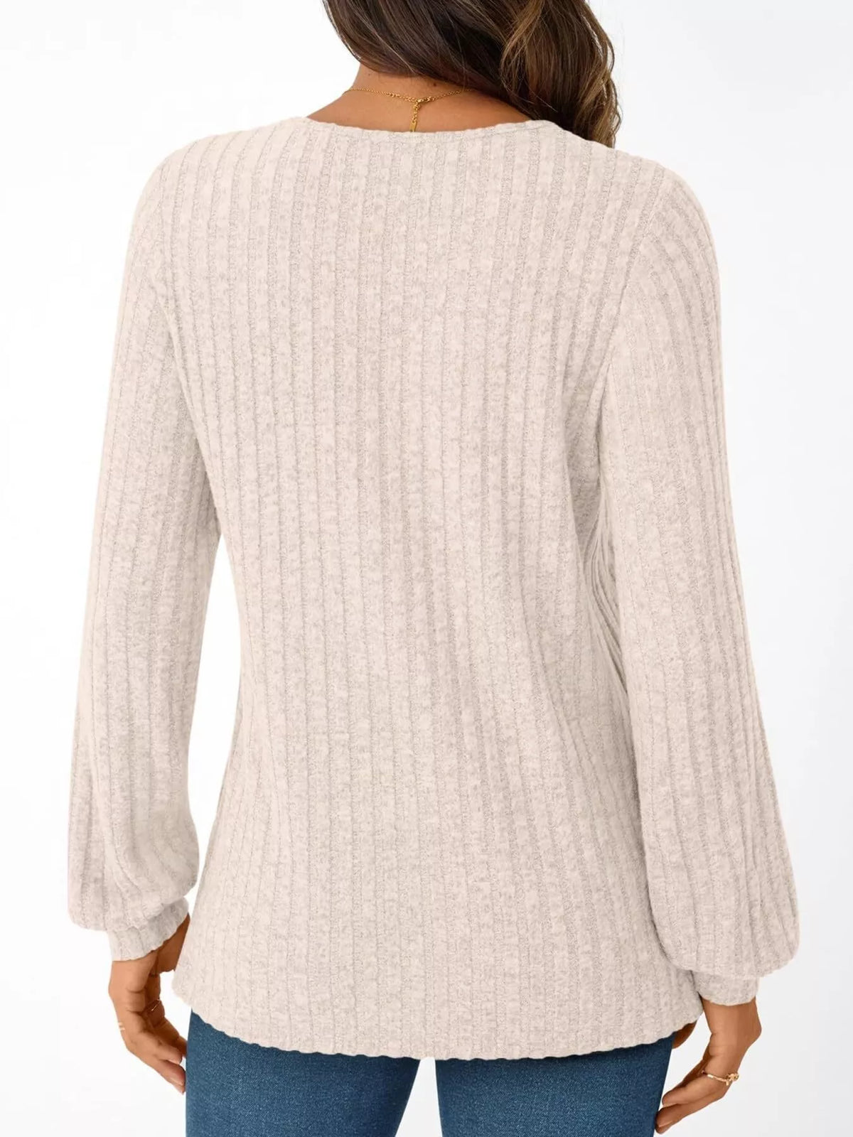 Ribbed Knit V-neck Long Sleeve T-shirt (10)