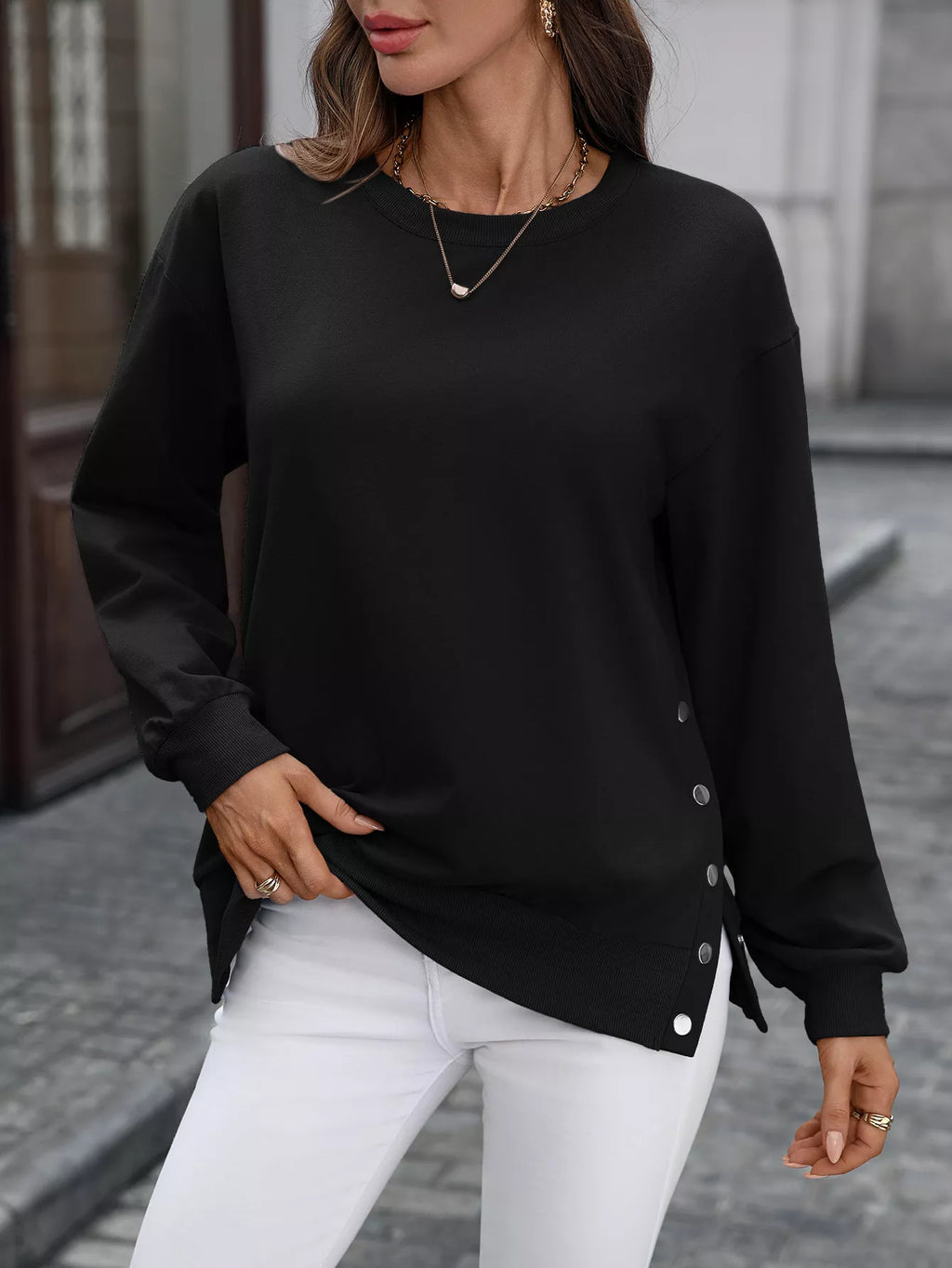 Side Snap Round Neck Sweatshirt (14)
