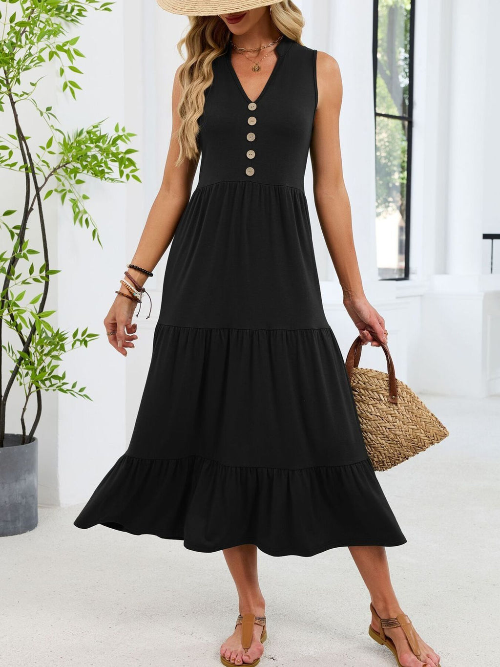 Sleeveless Notched Tiered Midi Dress (3)