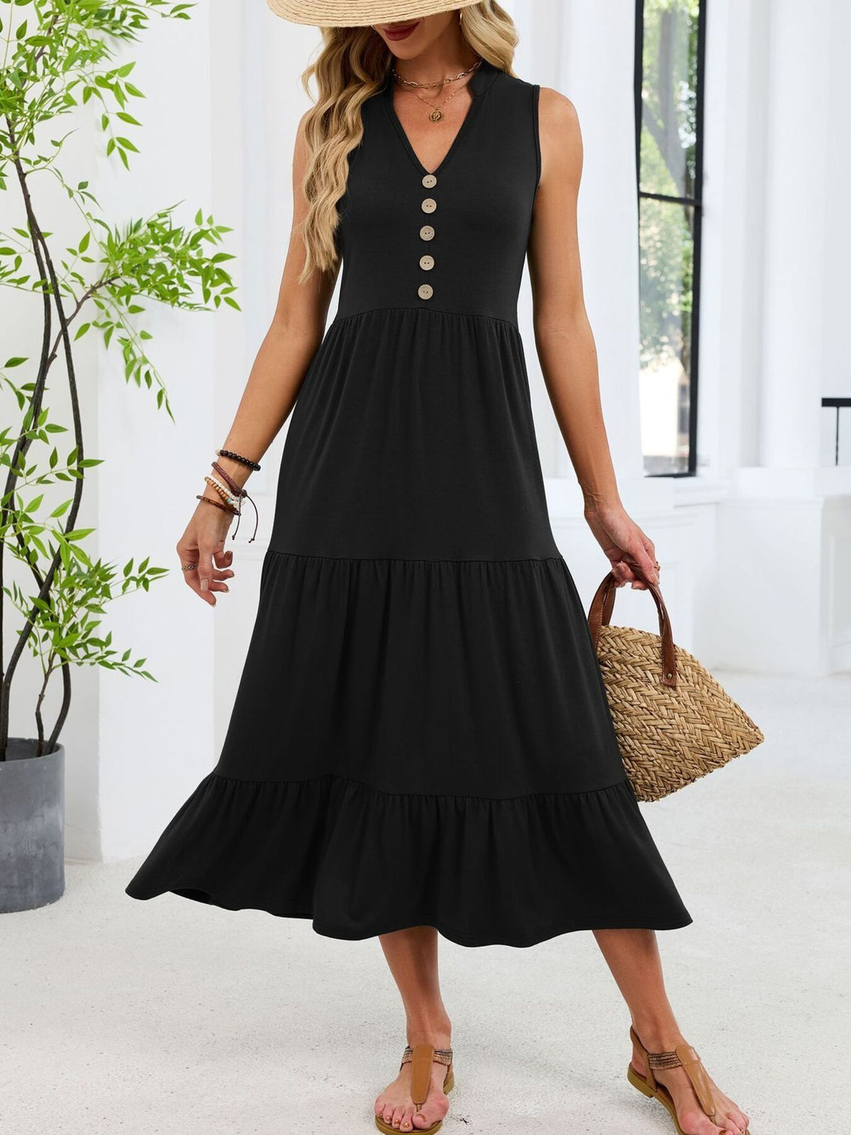 Sleeveless Notched Tiered Midi Dress (3)