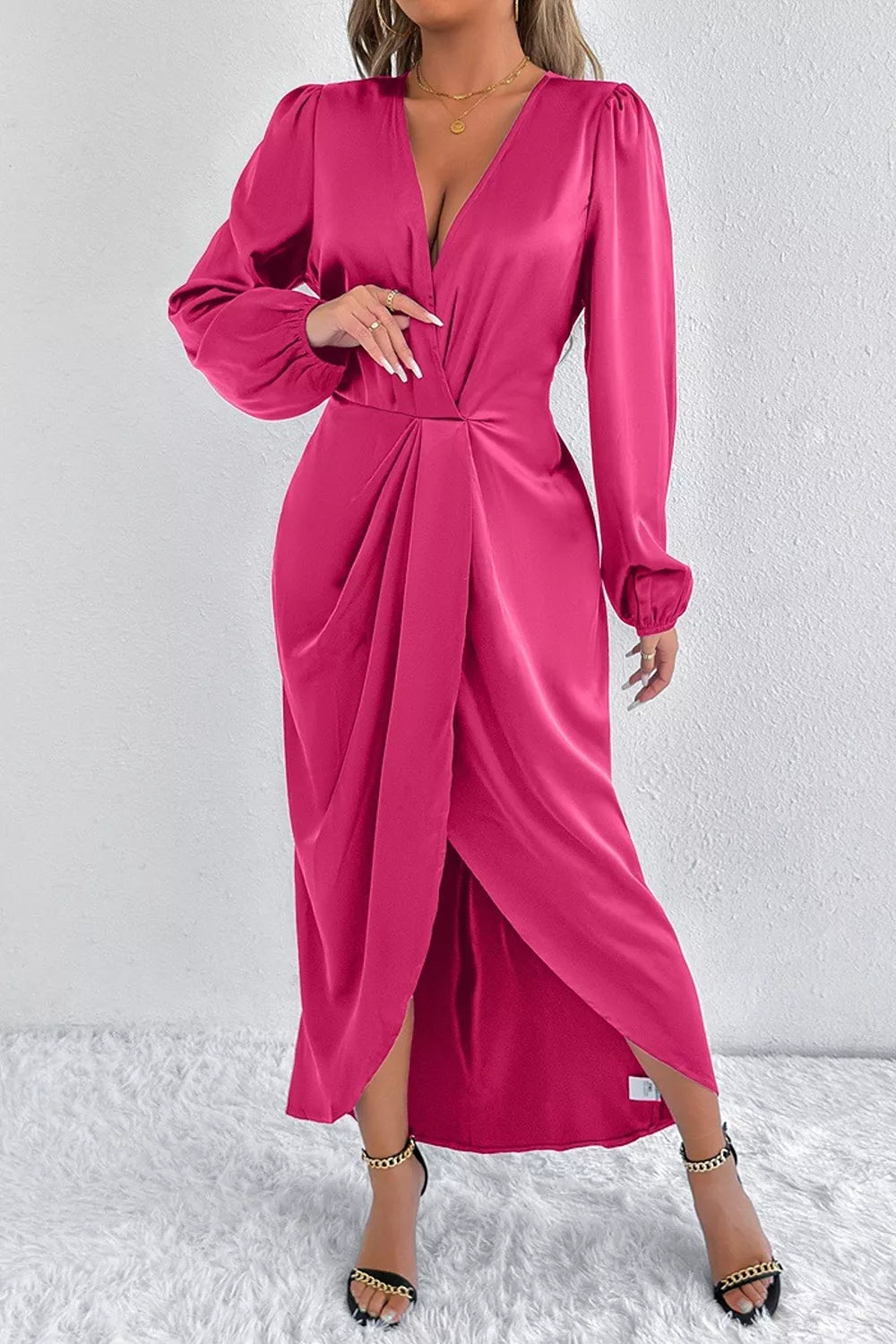 Satin Balloon Sleeve Midi Dress (14)