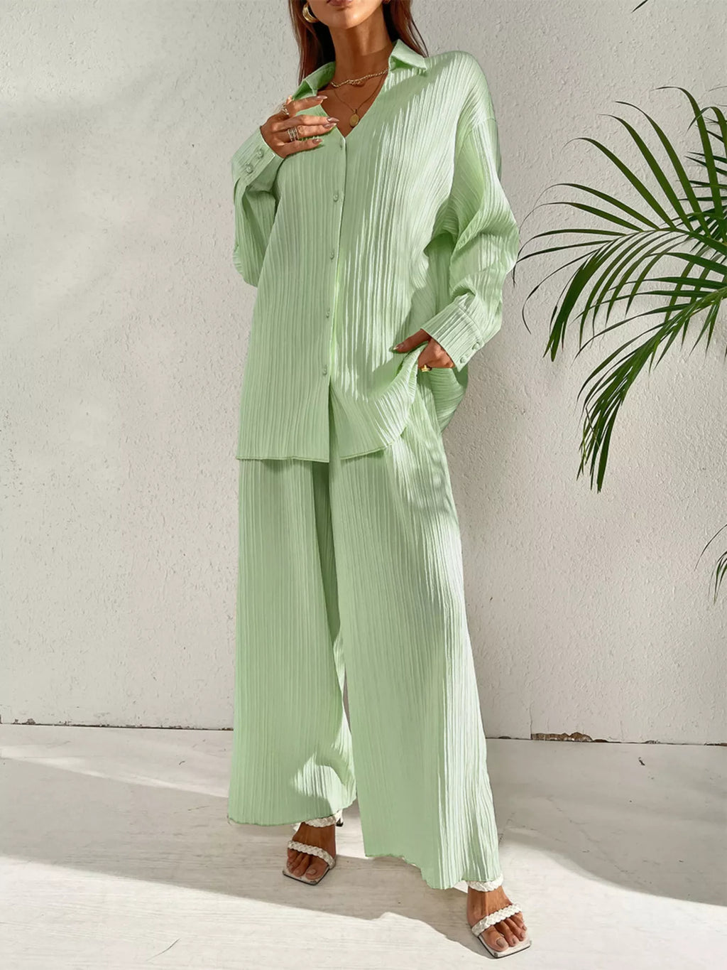 Long Sleeve Shirt Wide Leg Pants Set (13)