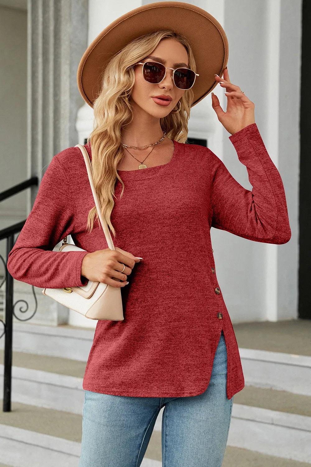 Slit Decorative Button Square Neck T-shirt (4)