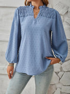 Ruched Swiss Dot Notched Balloon Sleeve T-shirt (9)