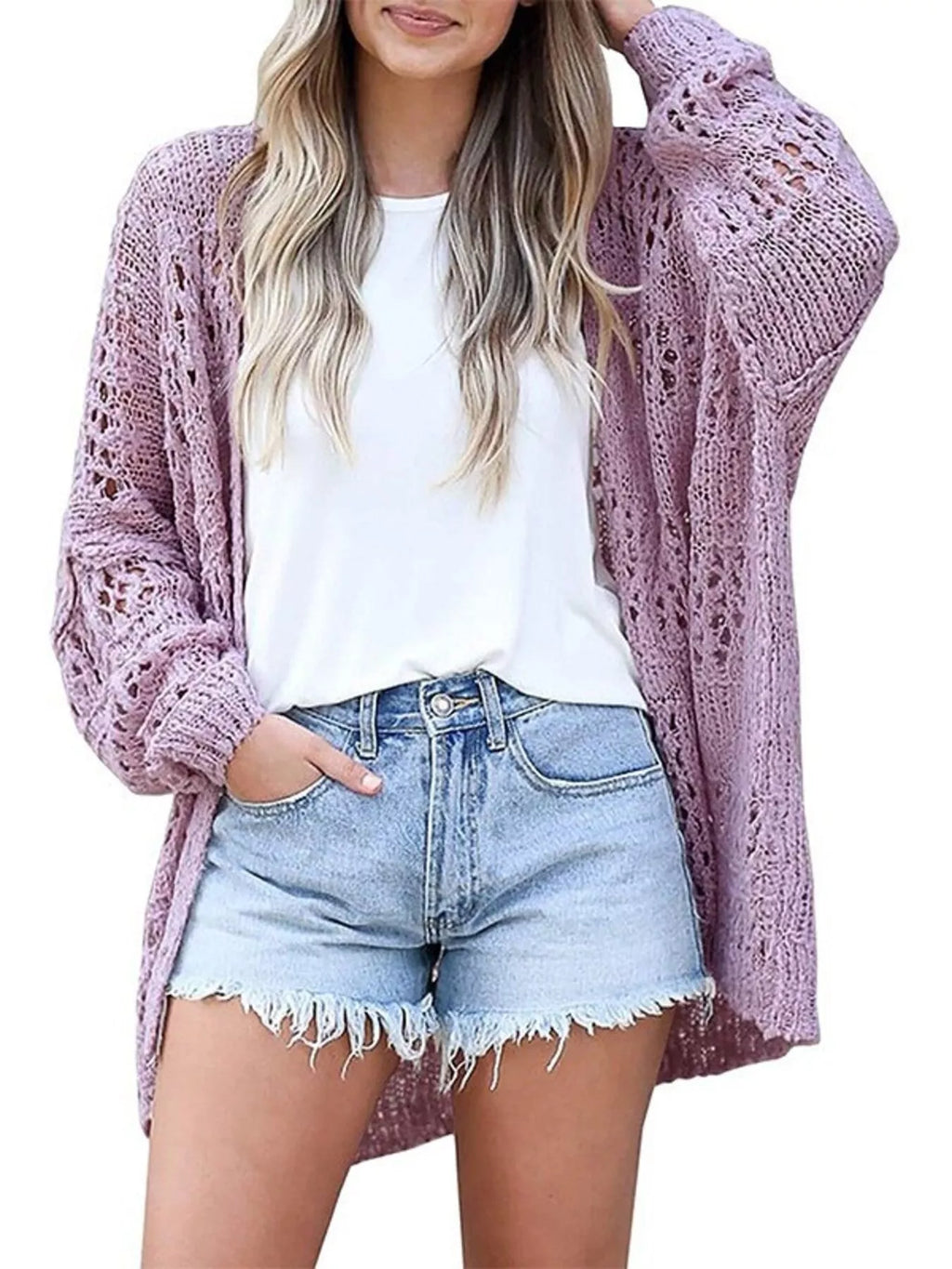 Openwork Open Front Lightweight Cardigan (3)