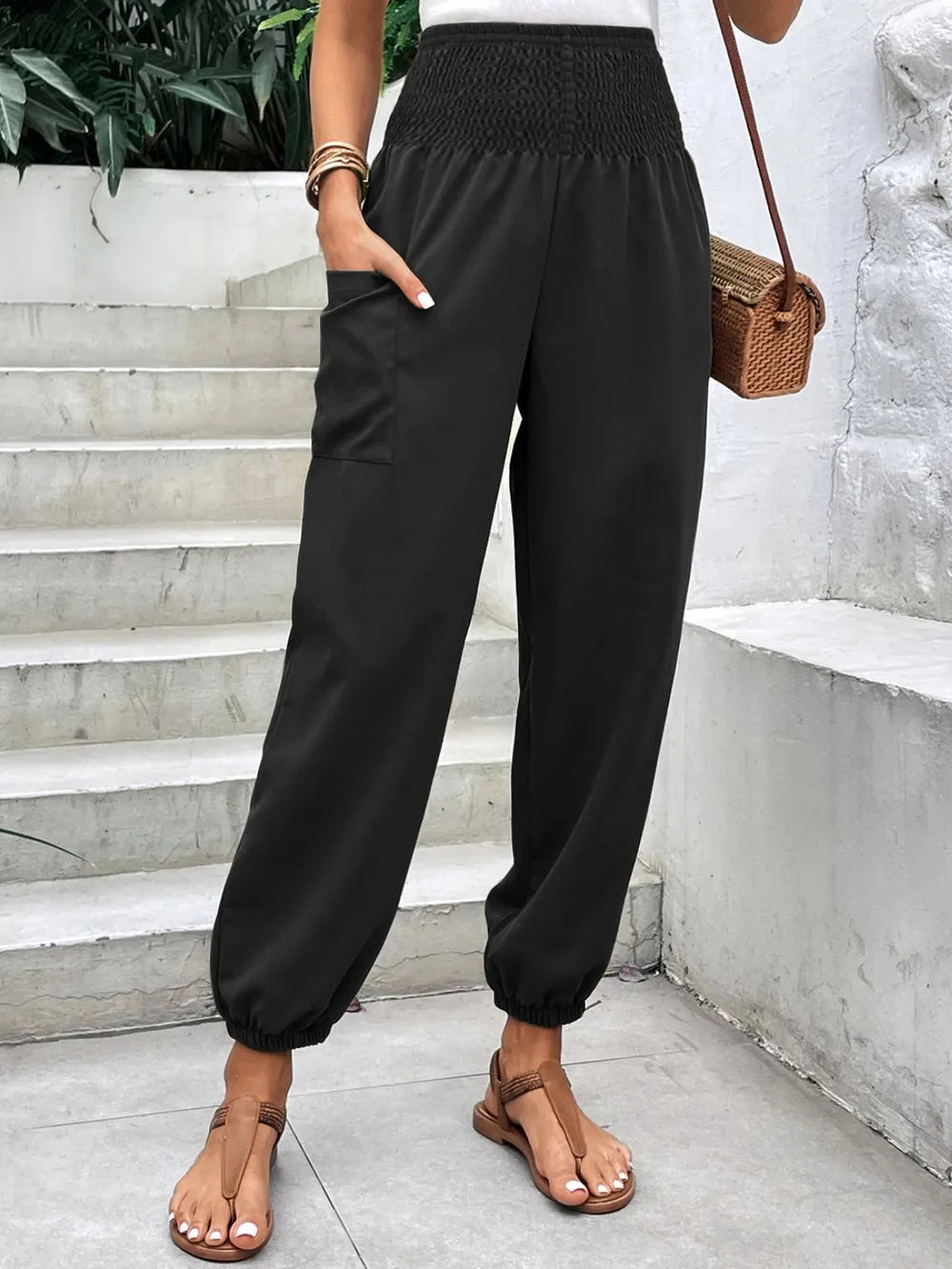 Smocked High Rise Joggers Pockets