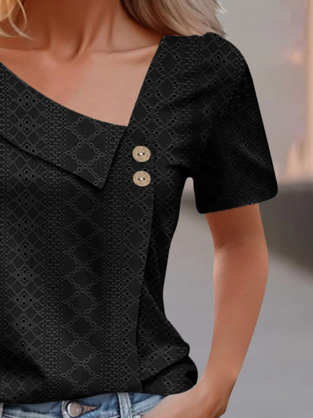 Eyelet Asymmetrical Short Sleeve T-shirt (5)