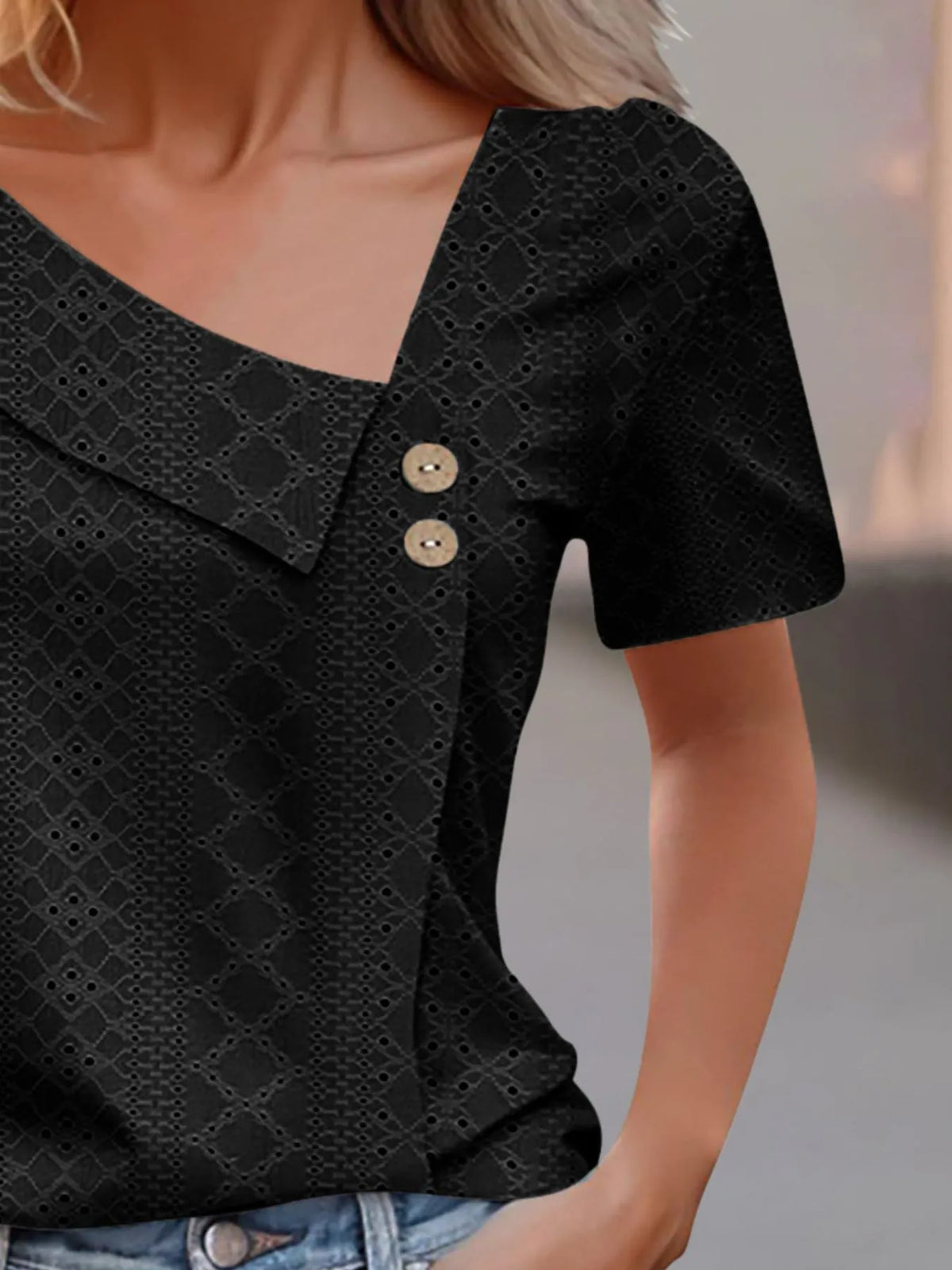 Eyelet Asymmetrical Short Sleeve T-shirt (5)