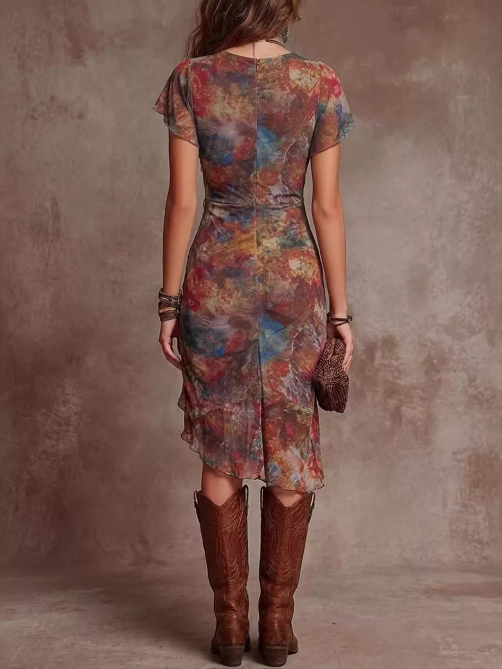 Floral Print V-neck Midi Dress High Slit (2)