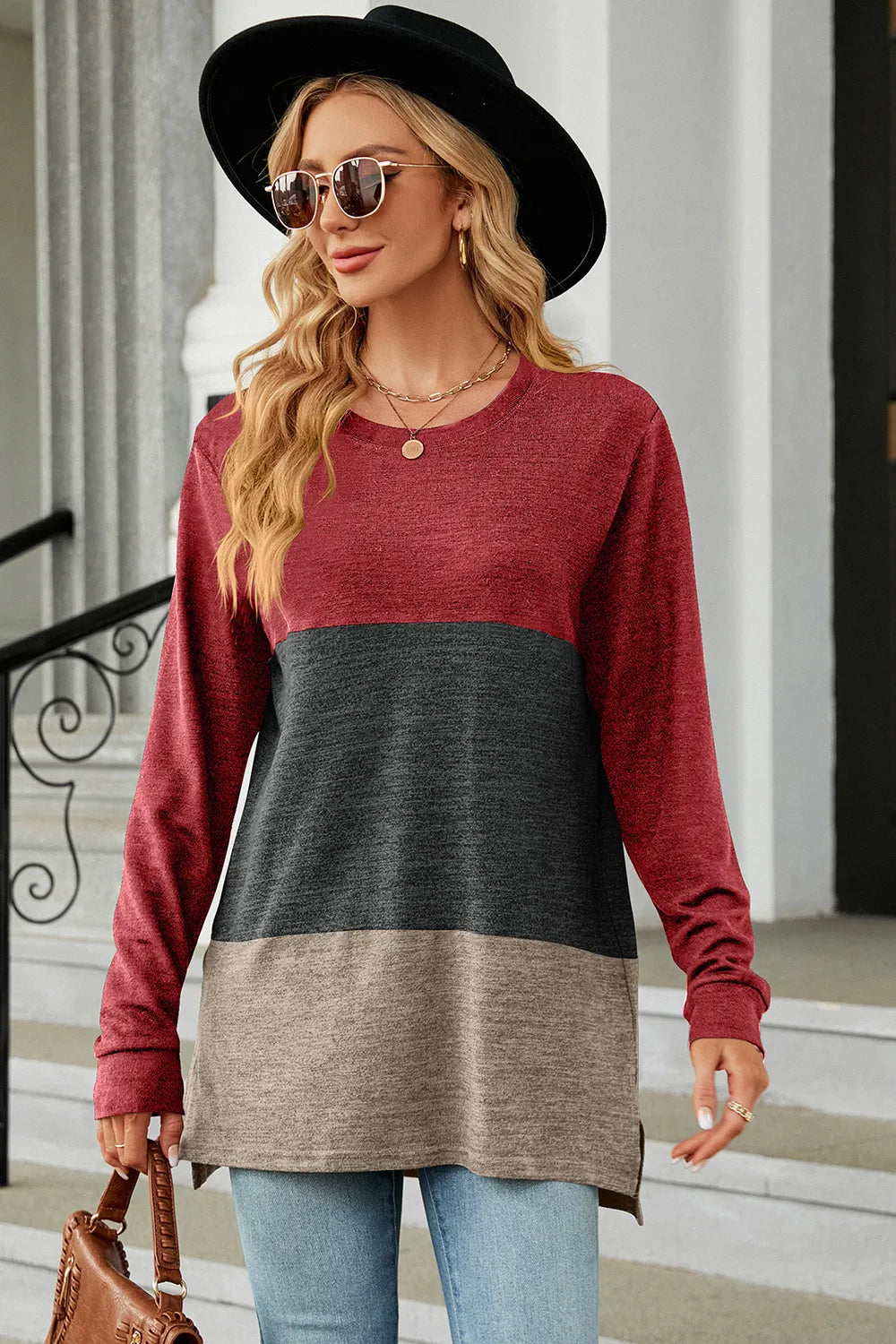 Block Round Neck Long Sleeve T-shirt (3)