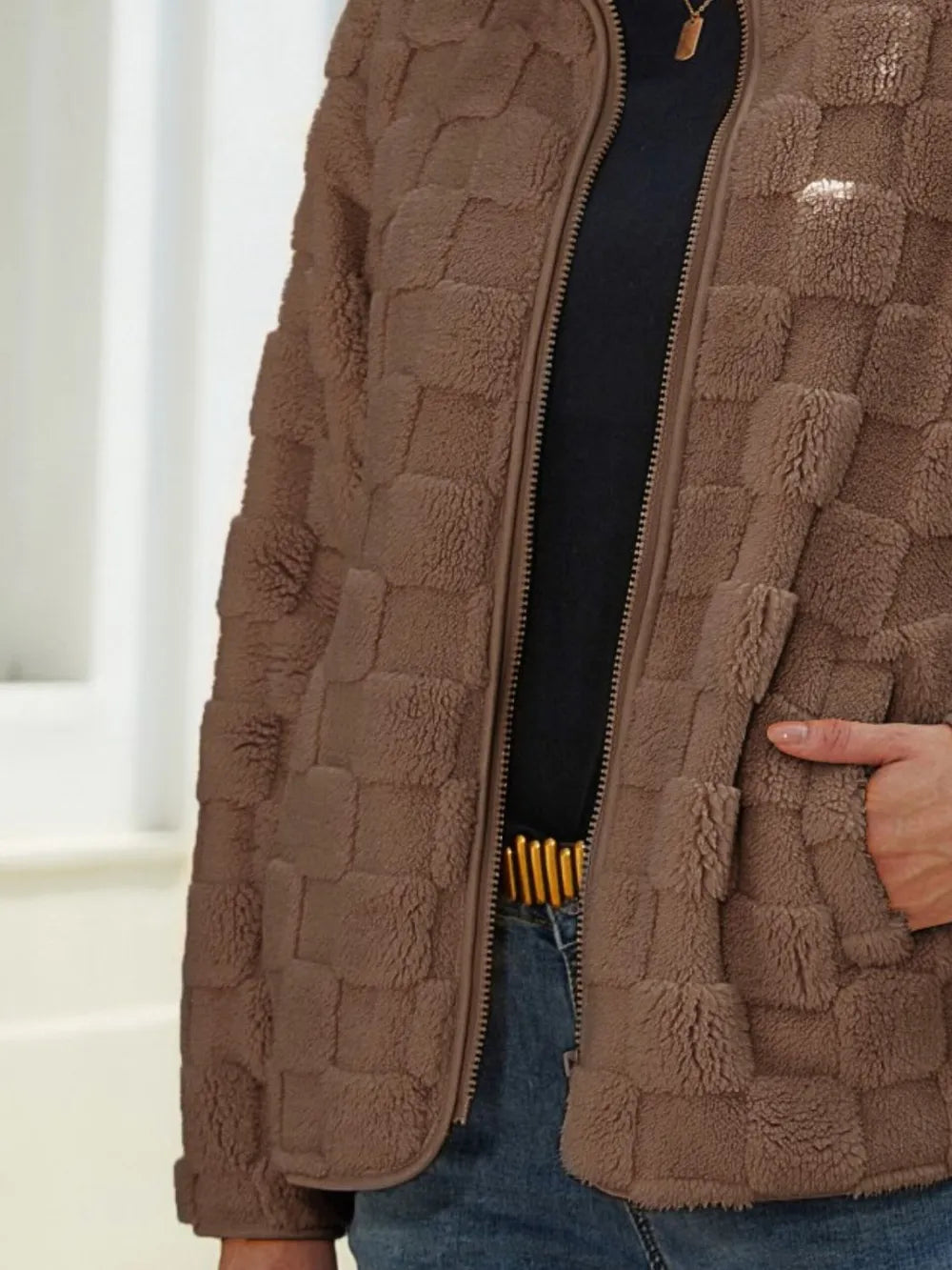 Fuzzy Checkered Zip Up Jacket (11)