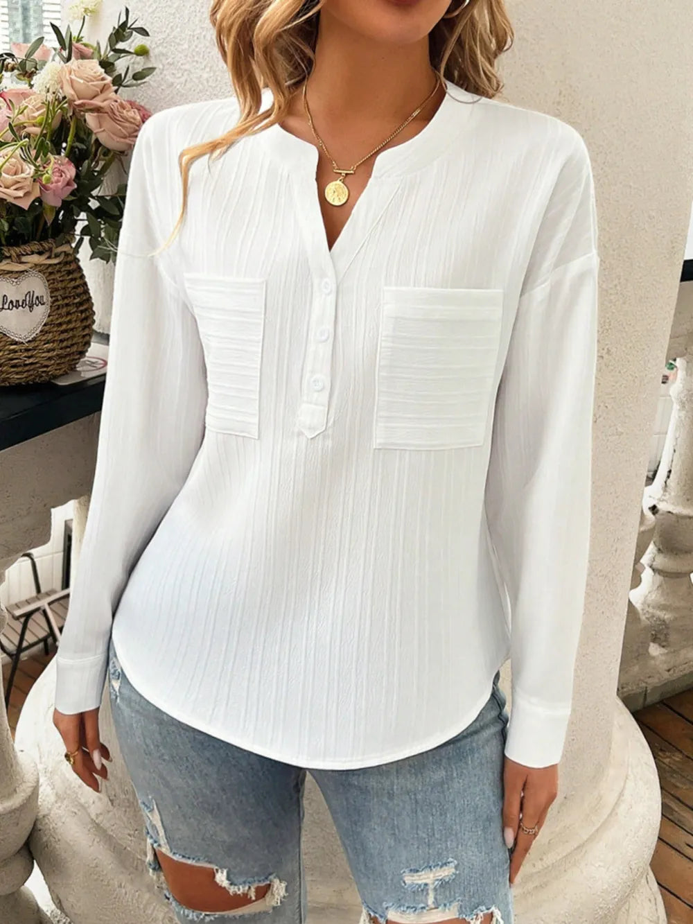 Pocketed Notched Long Sleeve Blouse (17)
