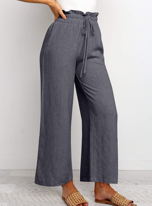 Elastic Waistband Lace-up Wide Leg Pants Solid Color Cropped (7)
