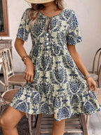 Printed Tie Neck Short Sleeve Dress (11)