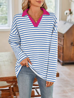 Striped Johnny Collar Long Sleeve T-shirt (2)