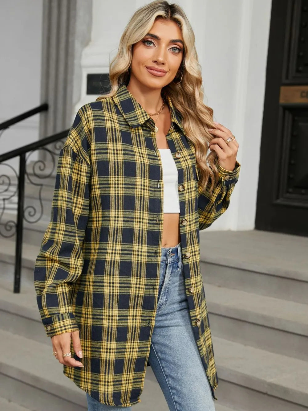 Plaid Collared Neck Long Sleeve Shirt (18)