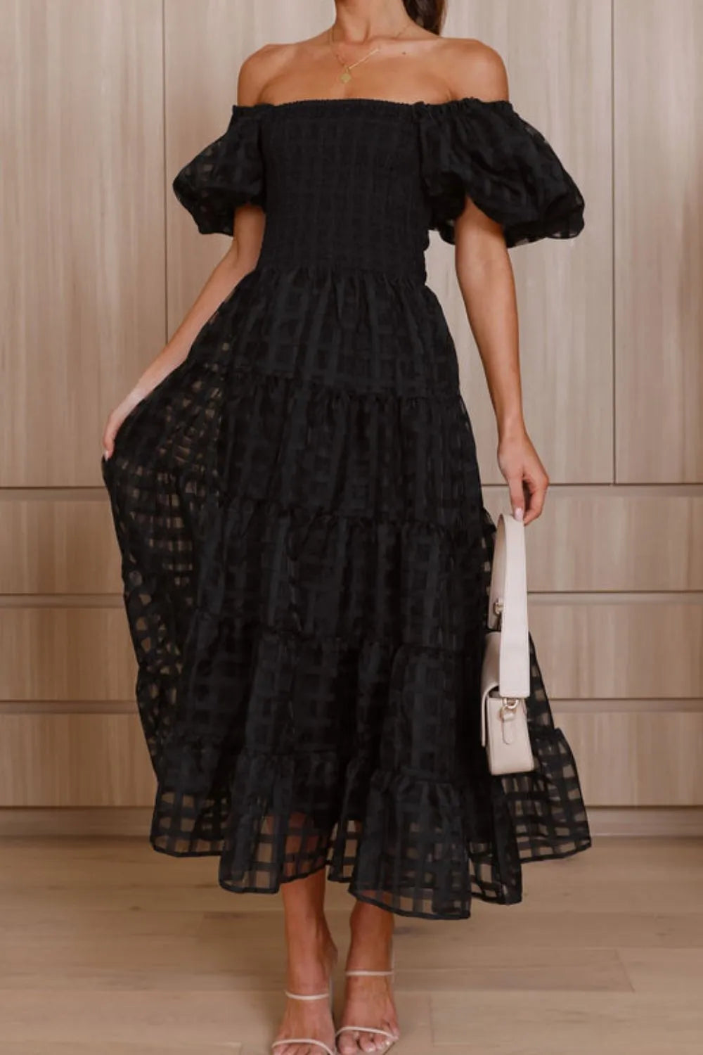 Off Shoulder Short Puff Sleeve Midi Dress (18)