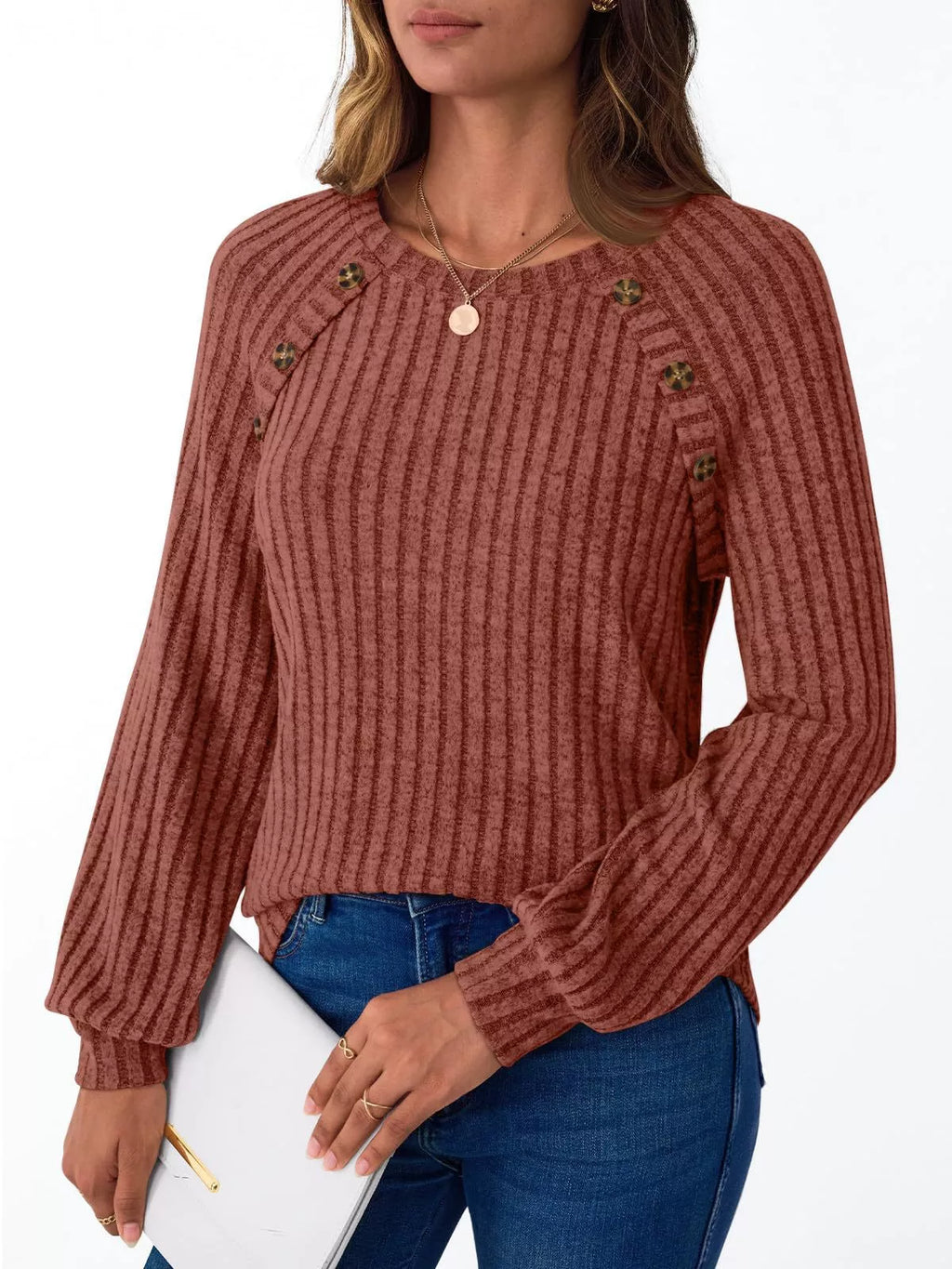 Ribbed Knit Decor Button Long Sleeve T-shirt (23)