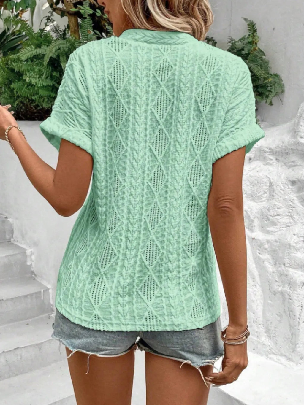 Openwork Notched Short Sleeve Blouse (5)