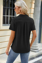 Pocketed Johnny Collar Short Sleeve Blouse (24)