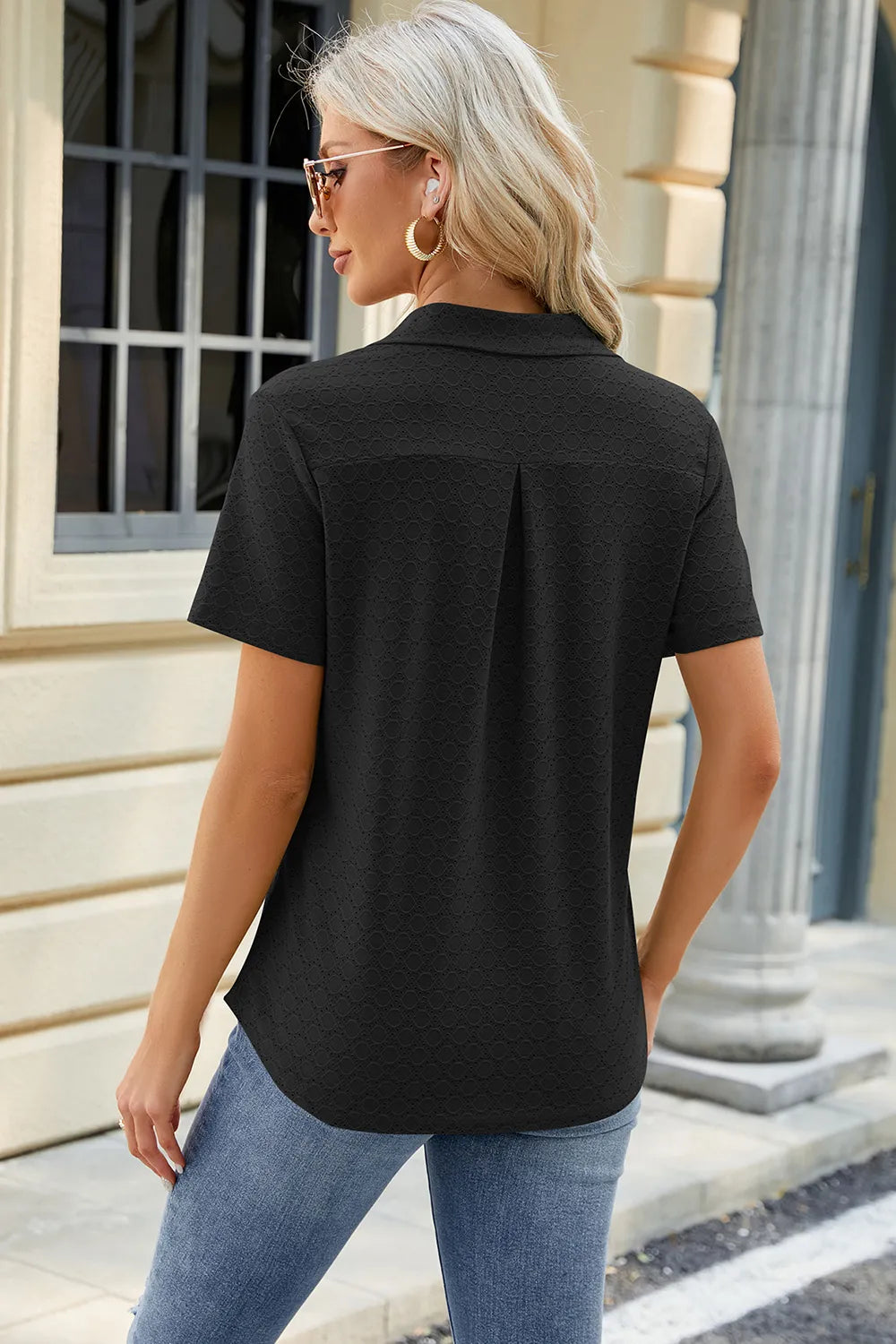 Pocketed Johnny Collar Short Sleeve Blouse (24)