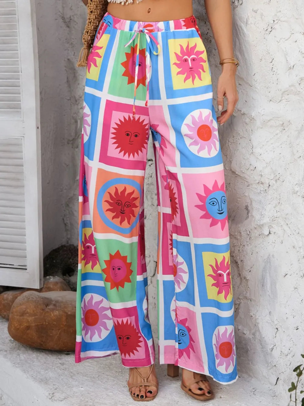Drawstring Printed Wide Leg Pants (14)