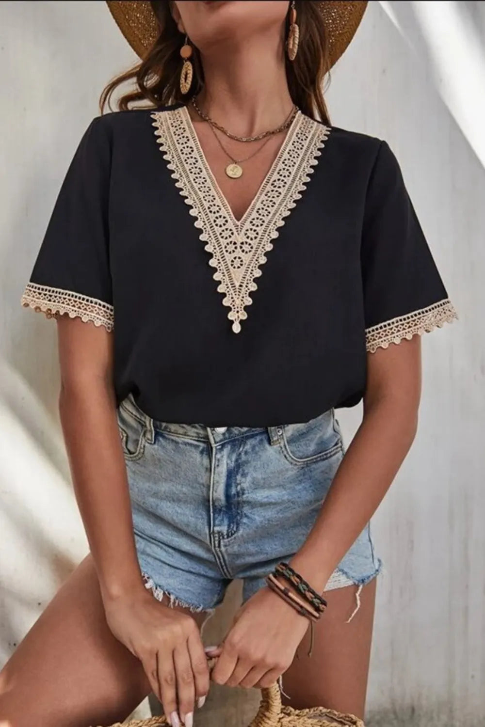 Full Size Lace Detail V-neck Short Sleeve Blouse Plus (18)