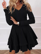 V-neck Long Sleeve Layered Ruffle Mini Dress