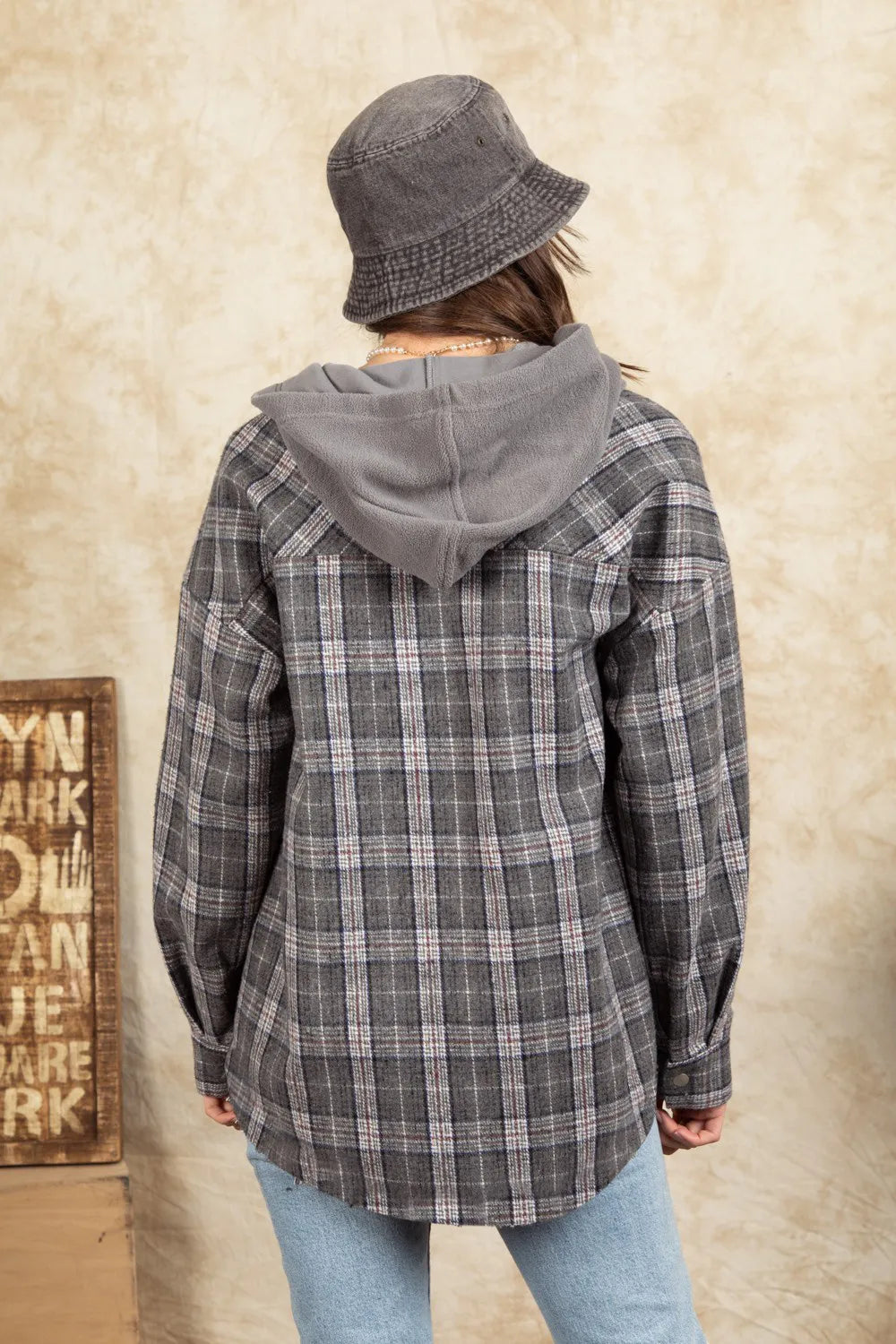 Drawstring Plaid Long Sleeve Hooded Jacket (6)