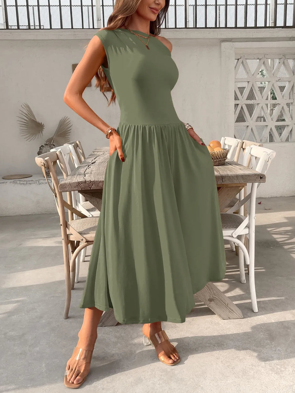 Single Shoulder Midi Dress Pockets (15)