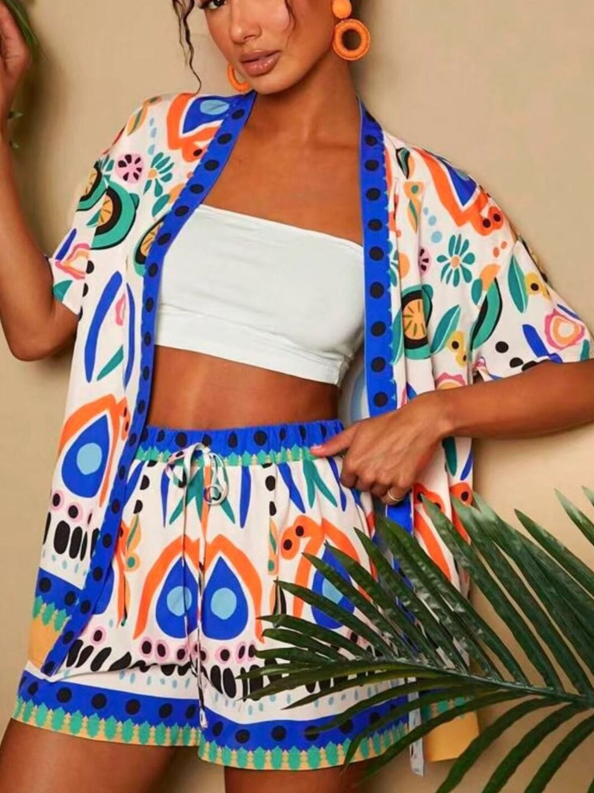 Printed Open Front Cardigan Shorts Set (7)