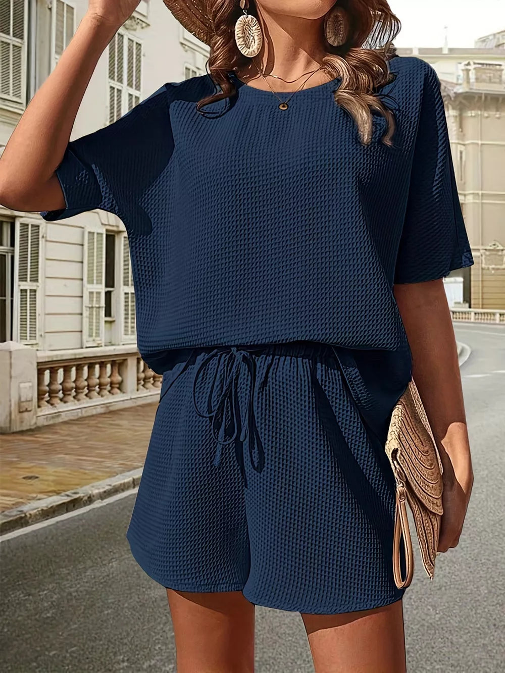 Waffle-knit Half Sleeve Top Shorts Set (18)