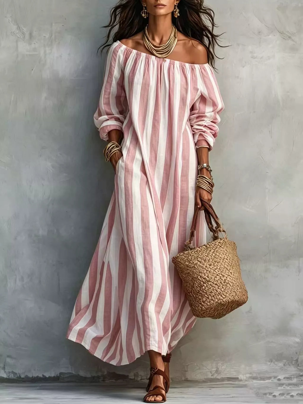 Off-shoulder Striped Dress Pockets (4)