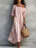 Off-shoulder Striped Dress Pockets (4)