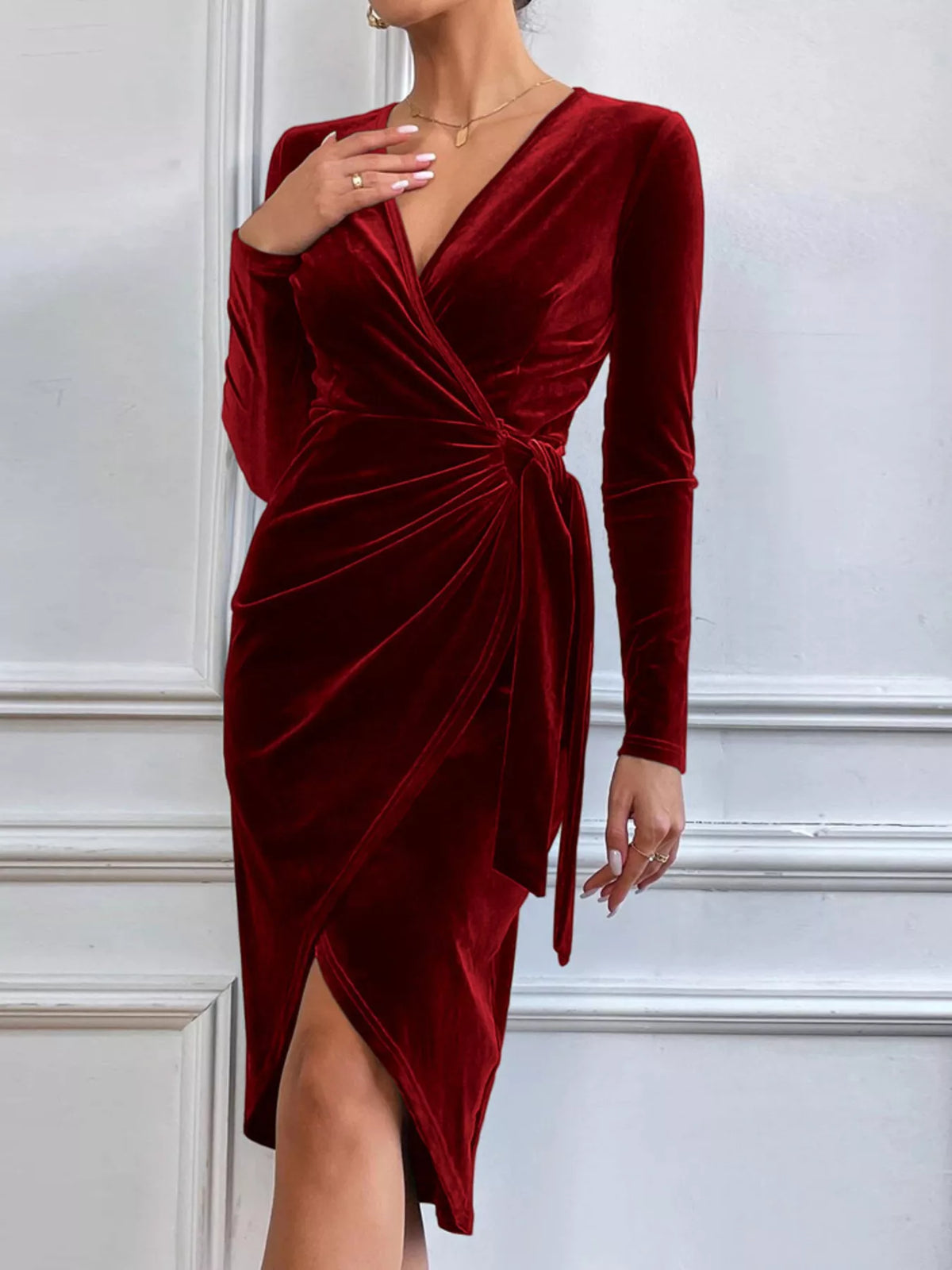Velvet Wrap Long Sleeve Midi Dress (8)