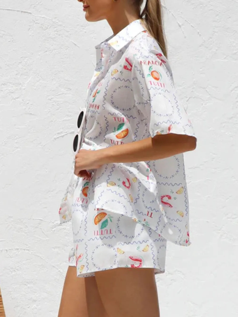 Printed Button Down Short Sleeve Top Shorts Set (2)