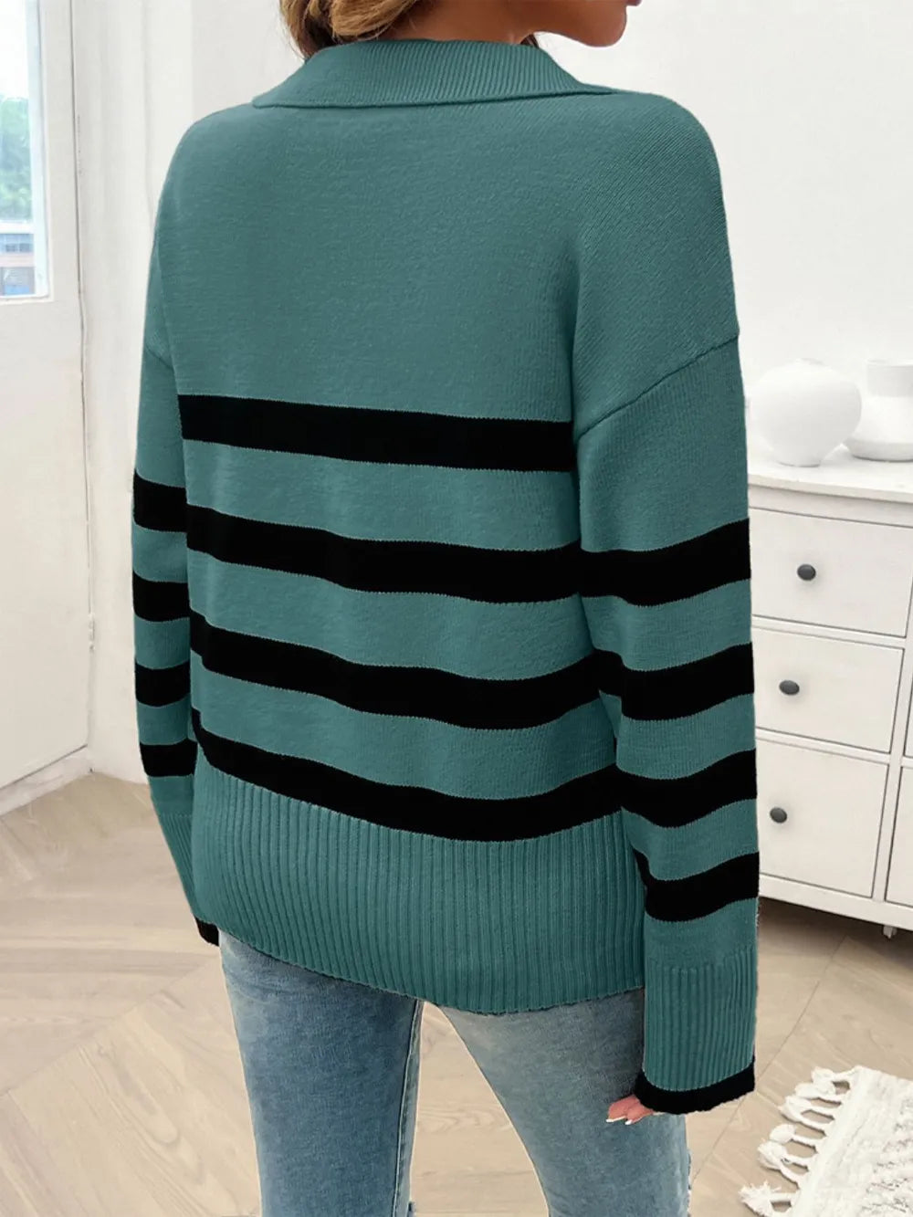 Striped Collared Neck Long Sleeve Sweater (23)