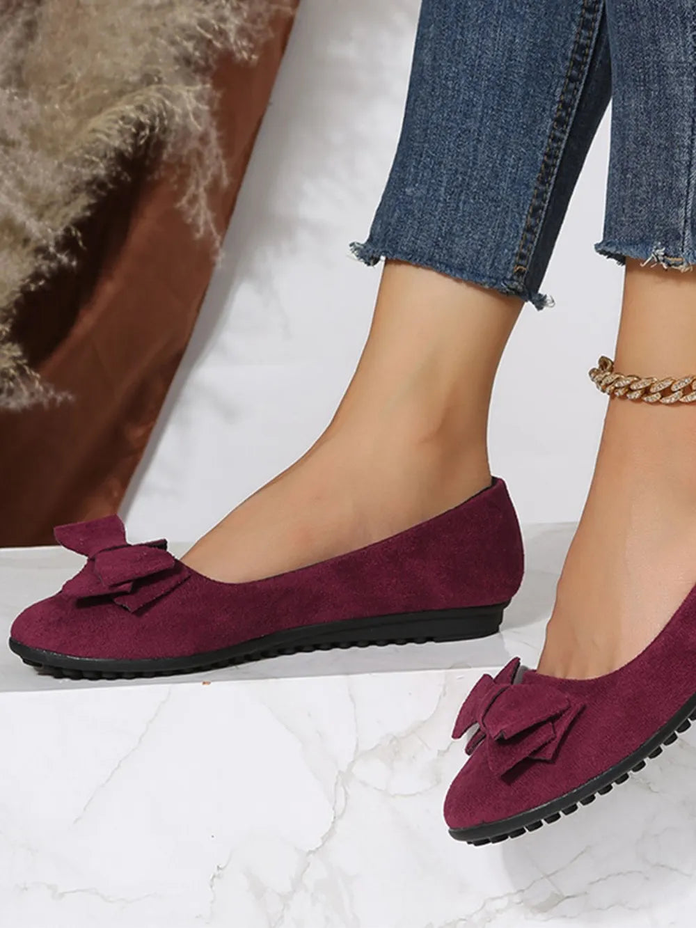 Bow Solid Color Round Toe Flat Slip-ons