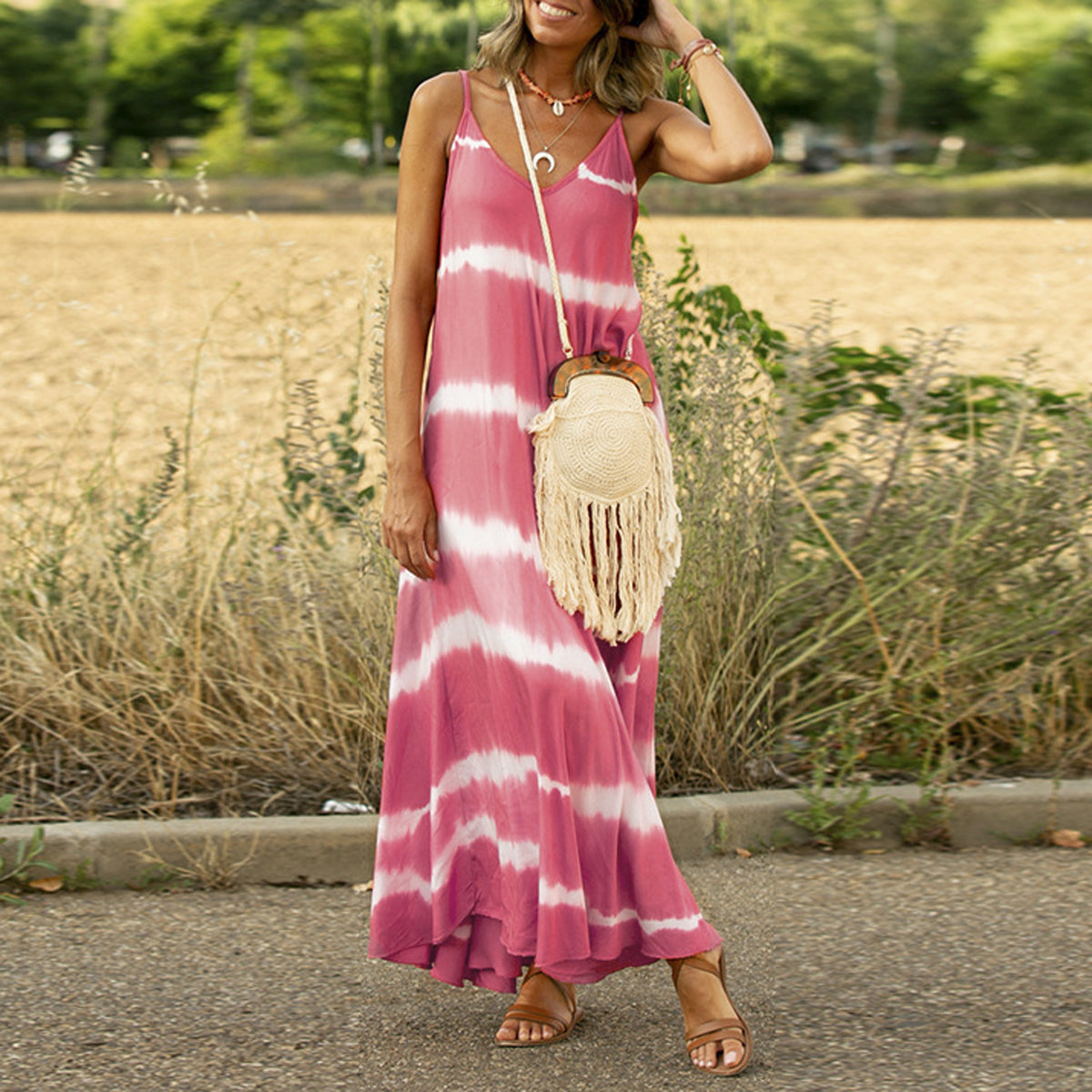 Printed Striped Plus Size Maxi Dress variant CJLY1446673-Pink-S|CJLY1446673-Pink-M|CJLY1446673-Pink-L|CJLY1446673-Pink-XL|CJLY1446673-Pink-XXL