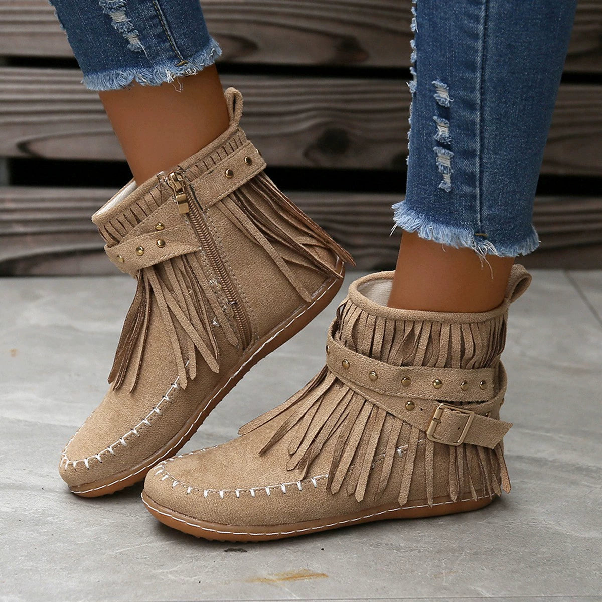 Fringe Studded Suede Flat Boots (2)