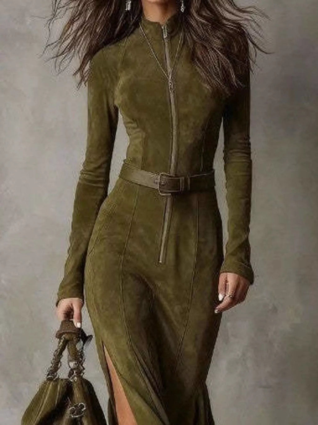 Full Size Slit Zip-front Long Sleeve Maxi Dress Belt Plus (5)
