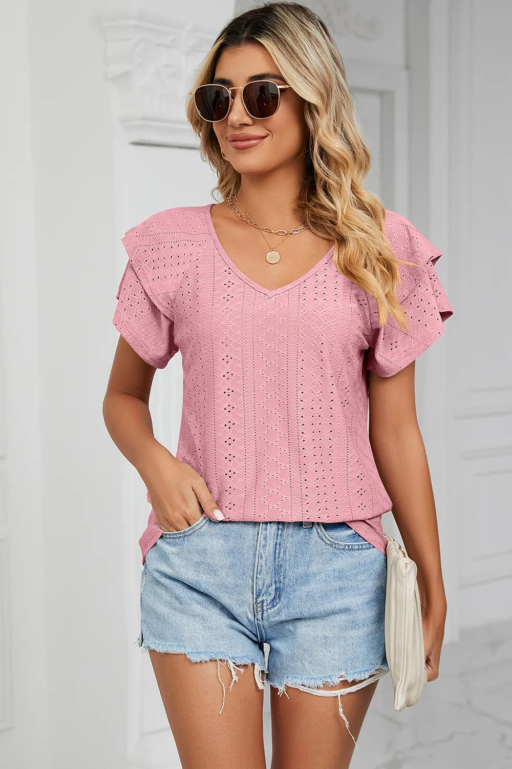 Eyelet V-neck Short Sleeve T-shirt (8)