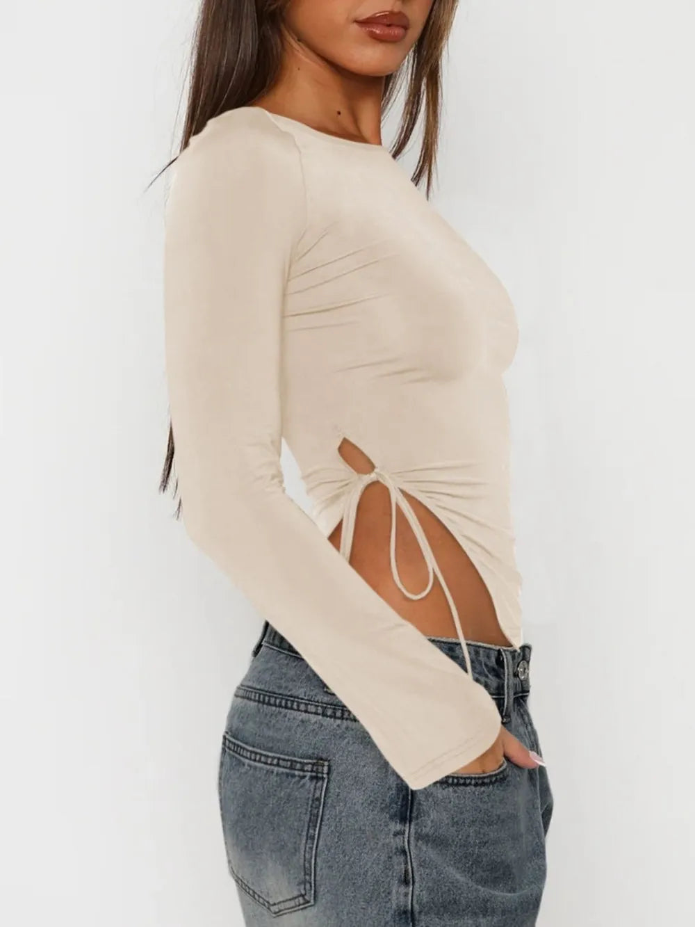Tied Slit Round Neck Long Sleeve T-shirt (3)
